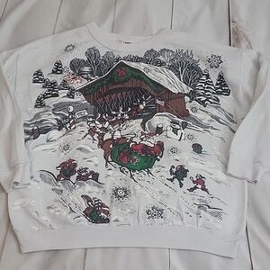 Vintage 90s Nut Cracker Christmas Sweatshirt Large Santa Covered Bridge AOP